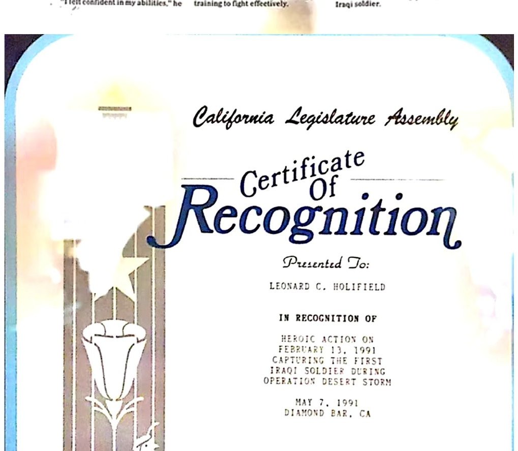 California Legislature Assembly Certificate of Recognition — Leonard Holifield