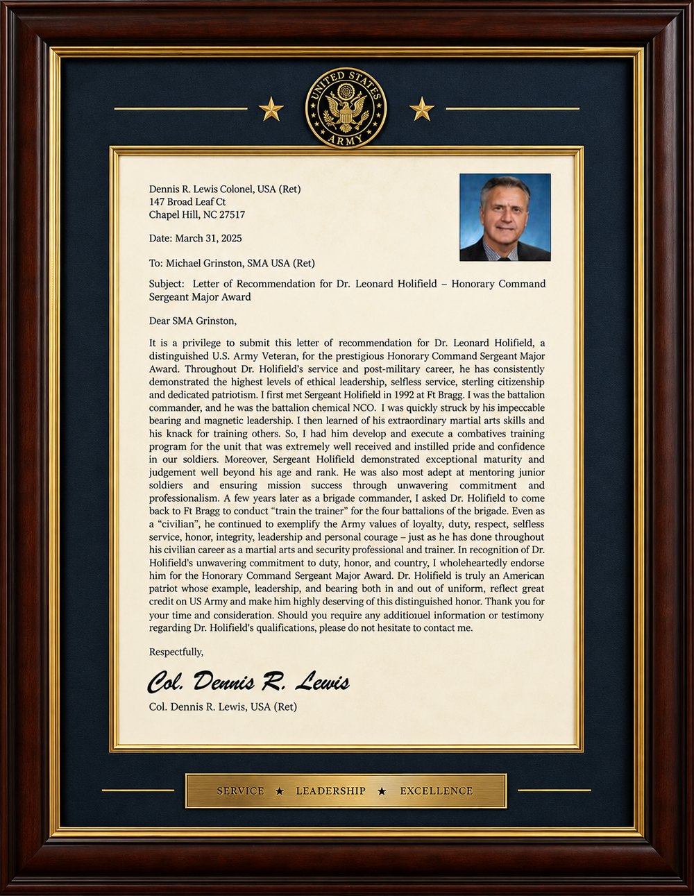 Recommendation Letter — Col. Dennis R. Lewis, USA (Ret)