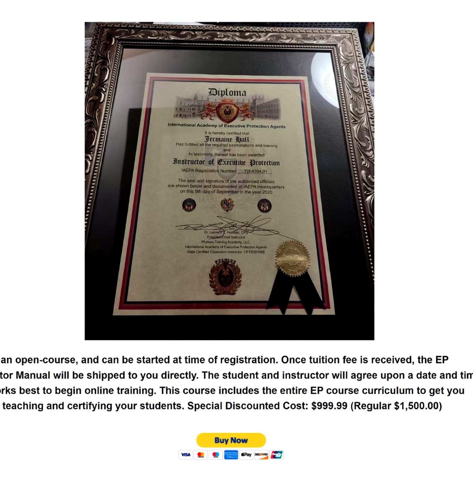 EP Instructor Certification Diploma — Beautifully Framed 11x14