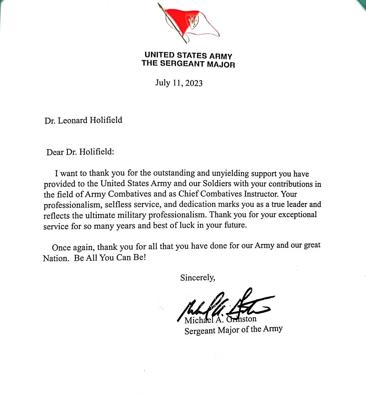 Official Letter from SMA Michael A. Grinston — July 11, 2023